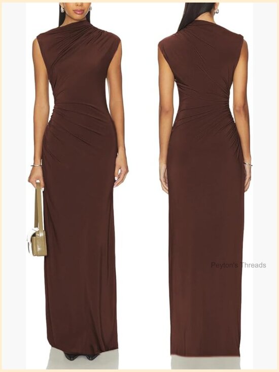 Dresses & Skirts - Ruched Bodycon Maxi Dress Sleeveless High Neck Cocktail Party Gown